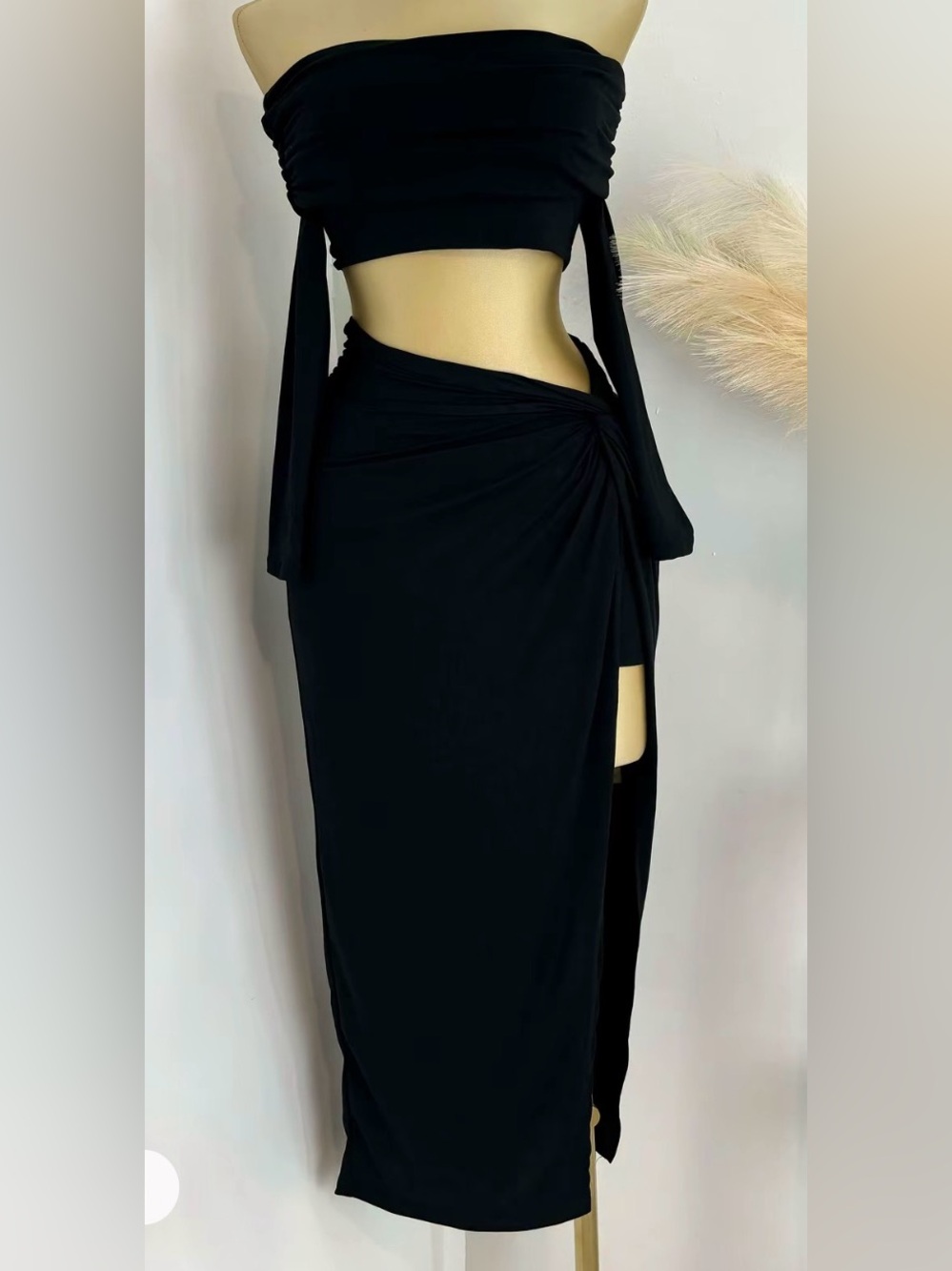Black top off Sholder & Side-Knot Wrap Midi Skirt